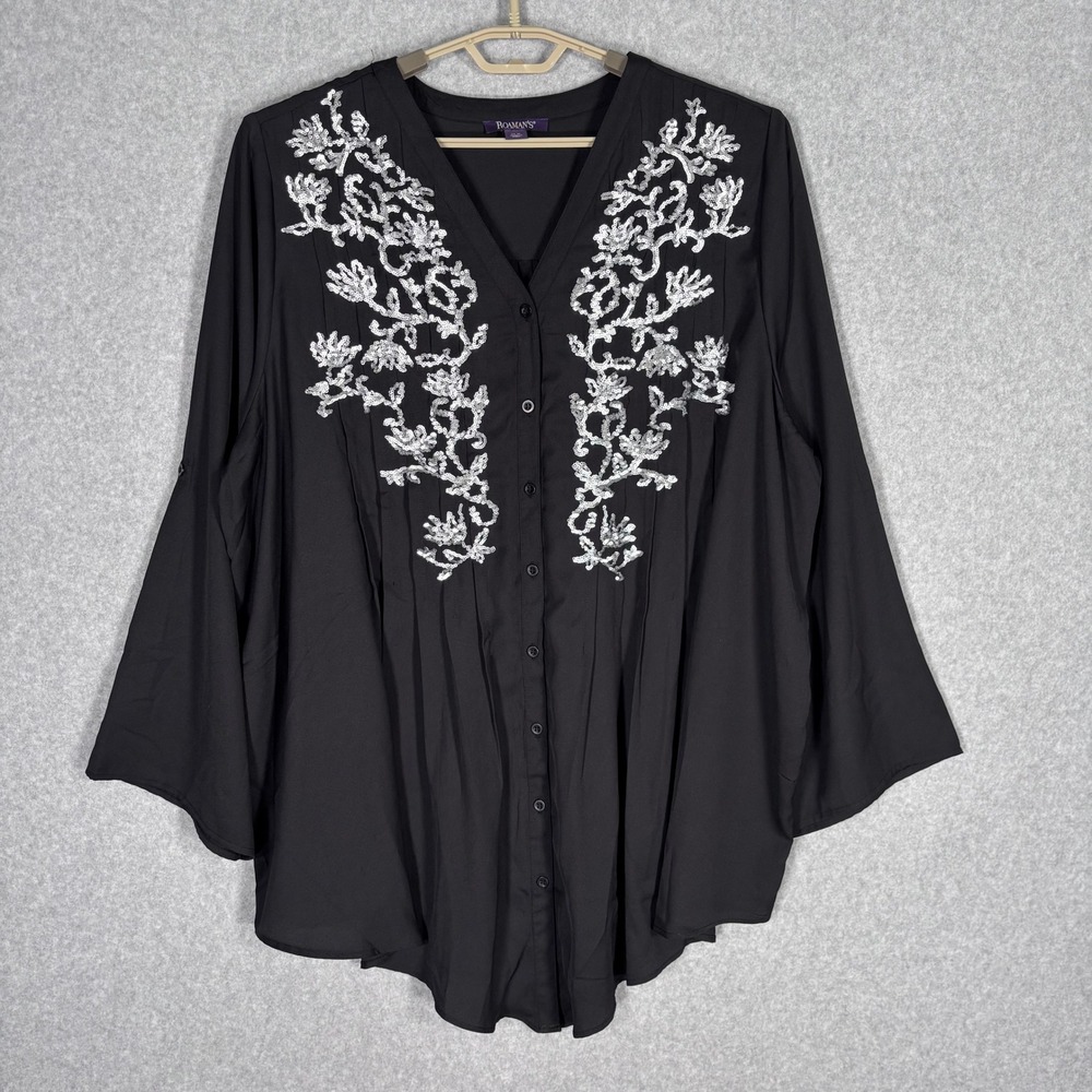 Roamans Tunic Blouse 26W Black Silver Sequin Floral Pintuck Flowy Pleated Boho